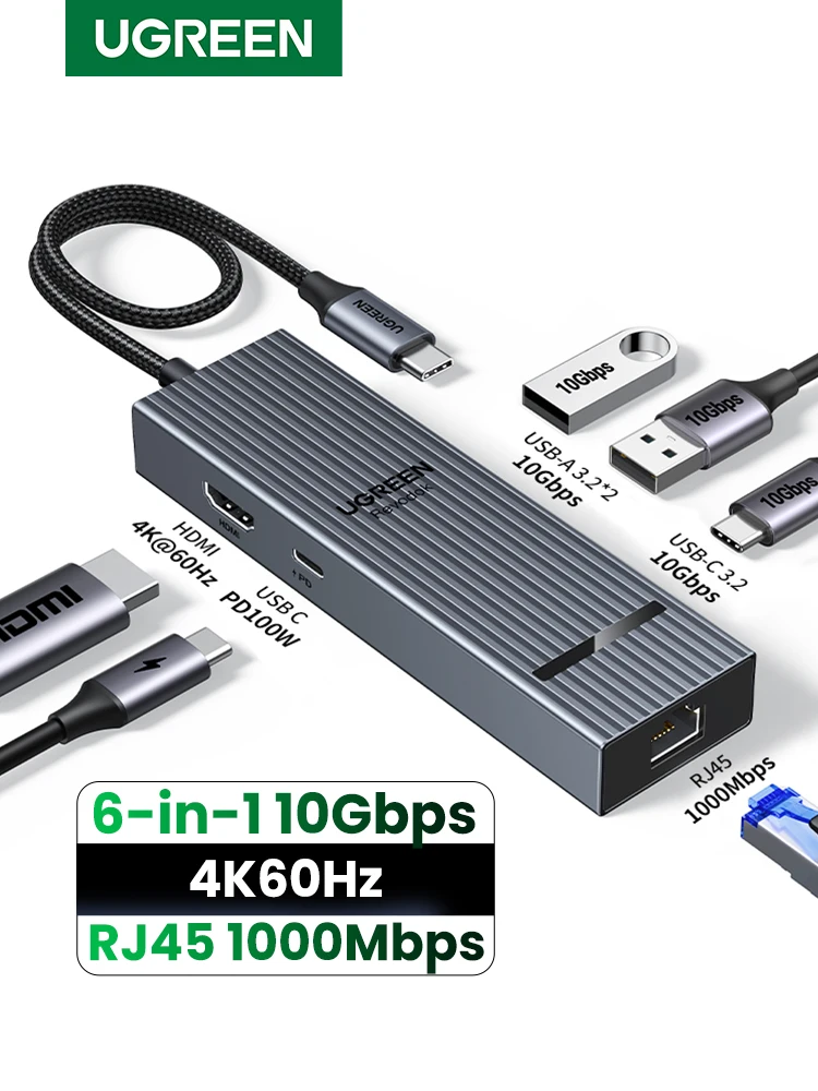 UGREEN 6 w 1 USB C HUB Adapter Gigabit Ethernet z HDMI 4K60Hz, ładowaniem PD100W, portami danych USB A&C 3.2 10Gbps do laptopa i iPada — zdjęcie produktu 7