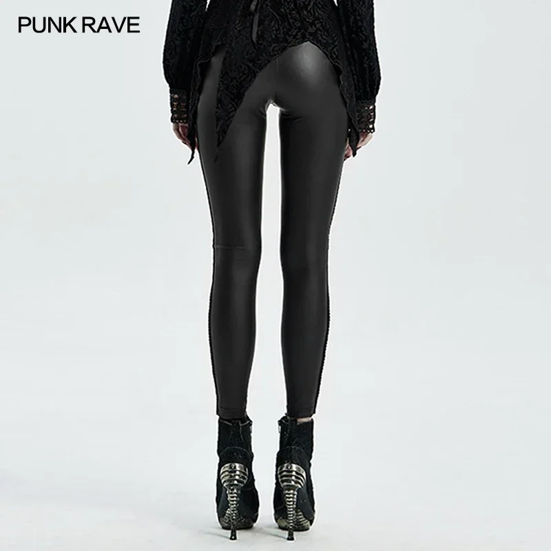 PUNK RAVE Women\'s Gothic Black Leggings Fashion Personality Tight High Elastic Lace Ribbon Band Small Feet Long Pants Women