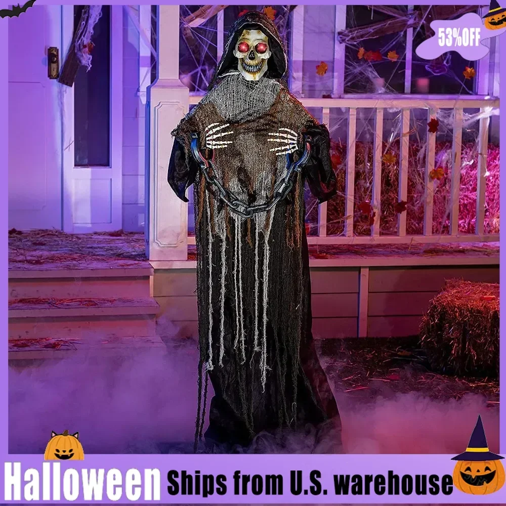 Outdoor Holiday Decor, Halloween Animatronics Grim Reaper with Chain,  Scary Halloween Decorations Outside Haunted House Props