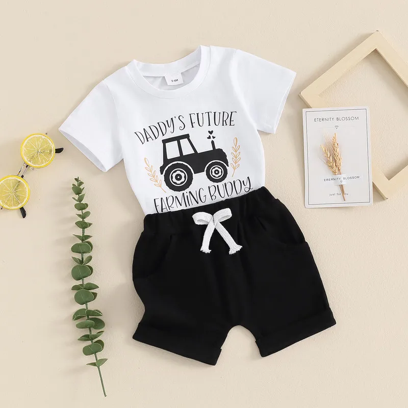 

Toddler Boys Summer Outfits Car Letter Print Short Sleeve T-Shirts Tops Elastic Waist Shorts 2Pcs Clothes Set