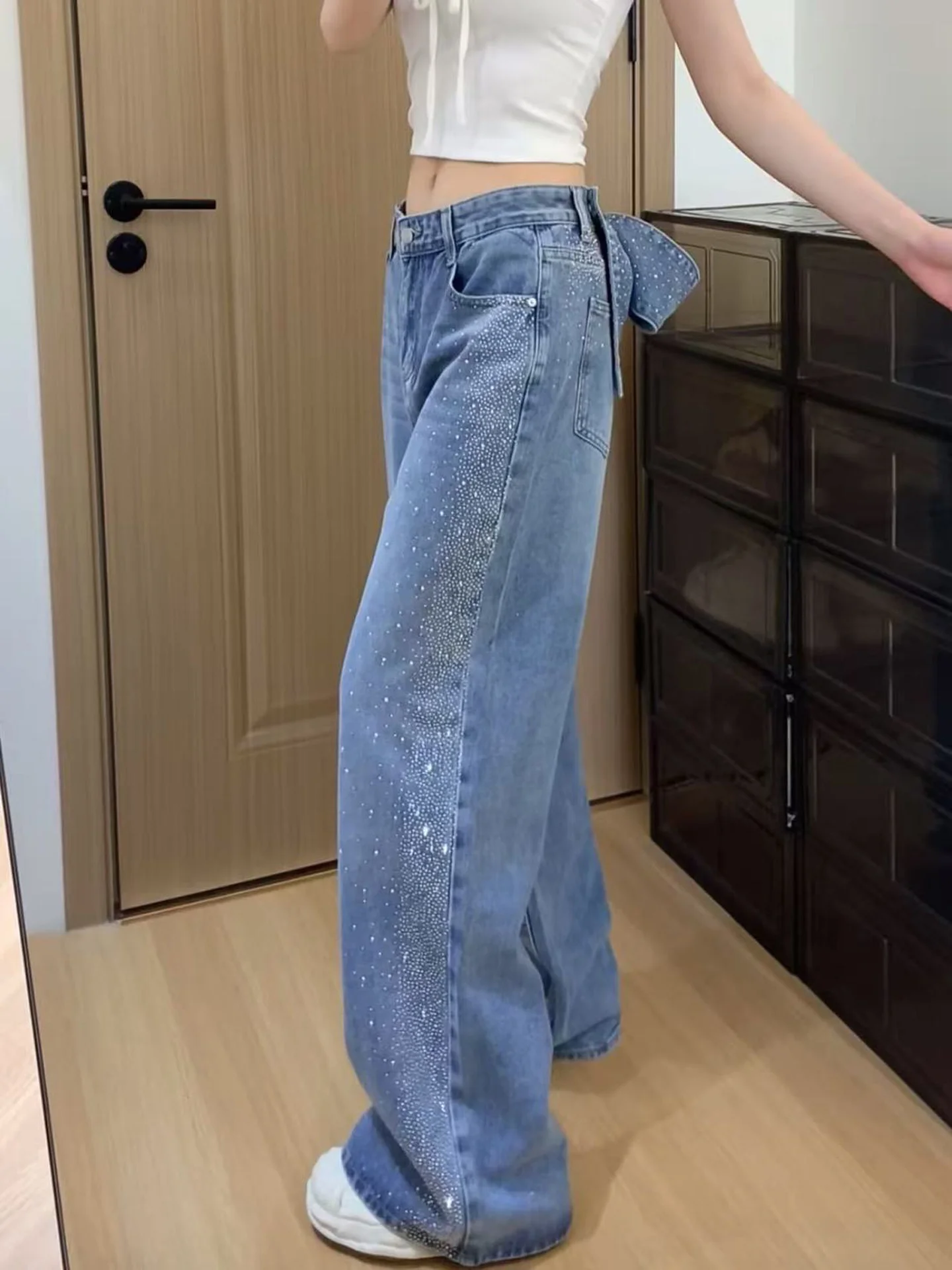 Light Blue  Knot Rhinestone Straight Leg Jeans Women's Autumn New Detachable Design Loose Slimming Floor-Length Pants