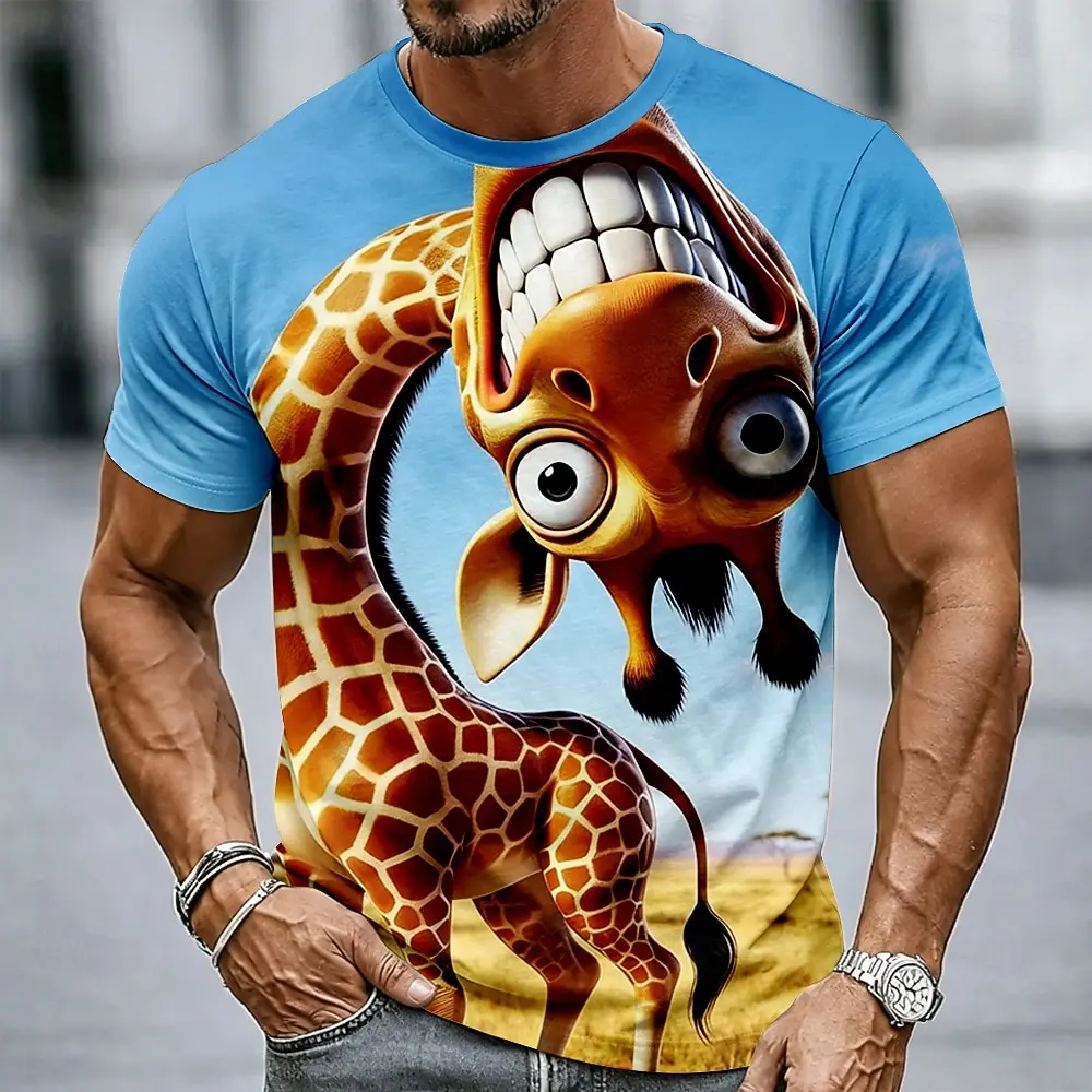 Men's Spring Summer 3D Printed Crew Neck Tee, Blue Sky White Cloud Cartoon Laughing Horse Kid Style 3D Print Casual Outfit Top