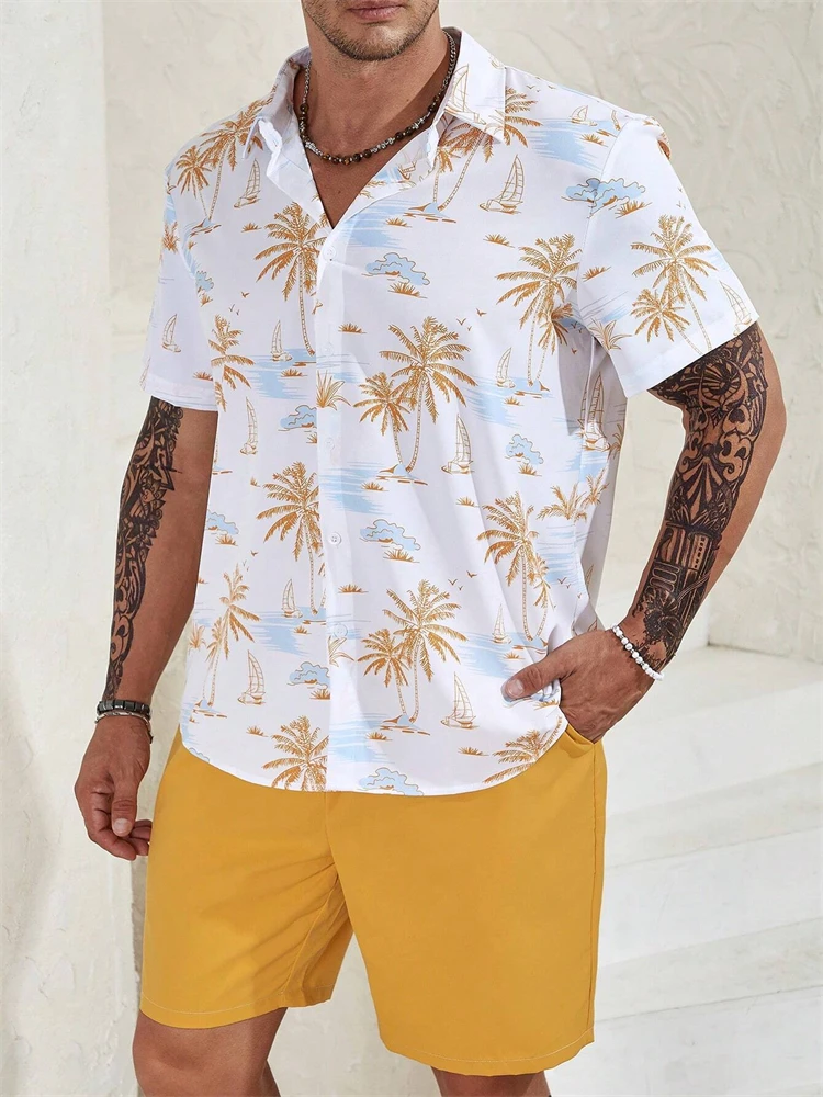 Beach Coconut Tree Men's Shirt Set Oversized Hawaiian Suit 3D Printed Short Sleeve Casual Shirt Shorts 2 Piece Streetwear Set