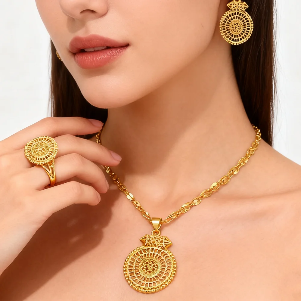 

24k plated jewelry gifts ethiopian hollowing out Necklace and earrings rings set for women high quality plated jewelry sets gift