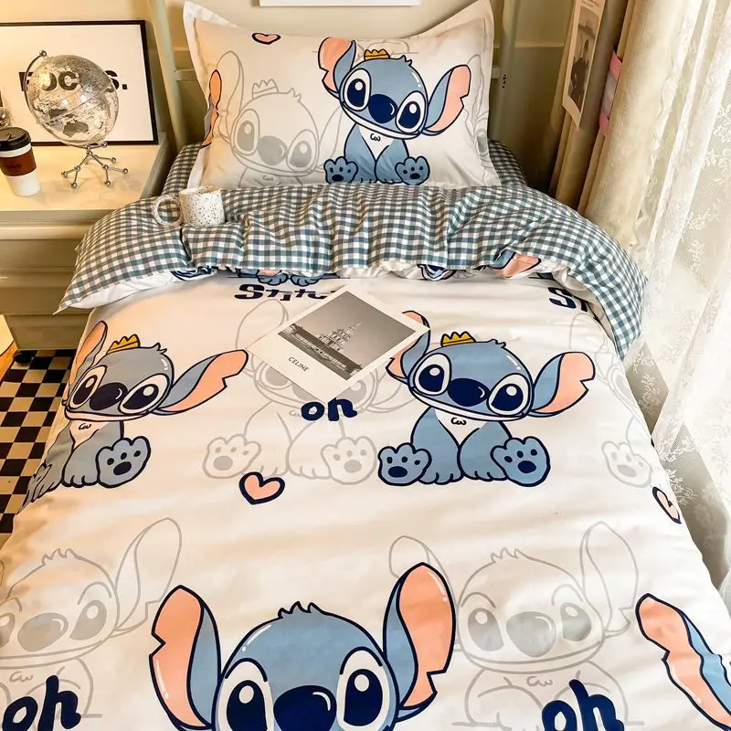 Kawaii Disney Losto Stitch Four-Piece Set Brushed Washed Cotton Single Double Duvet Cover Dormitory Bed Sheet Three-Piece Set