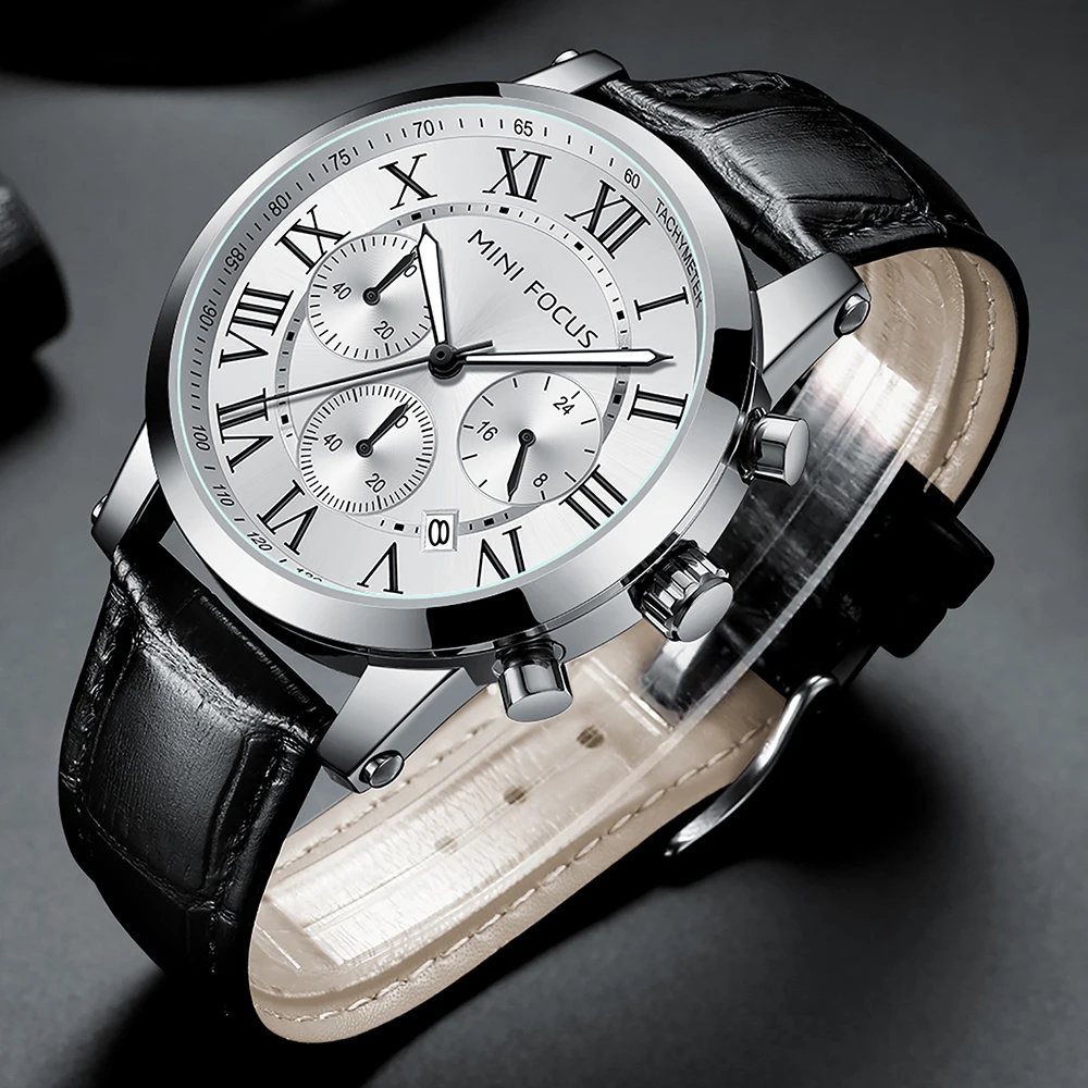 Mini foco 0415 marca moda relógios de quartzo para o homem luminoso à prova dwaterproof água calendário pulseira couro casual esportes masculino relógio pulso