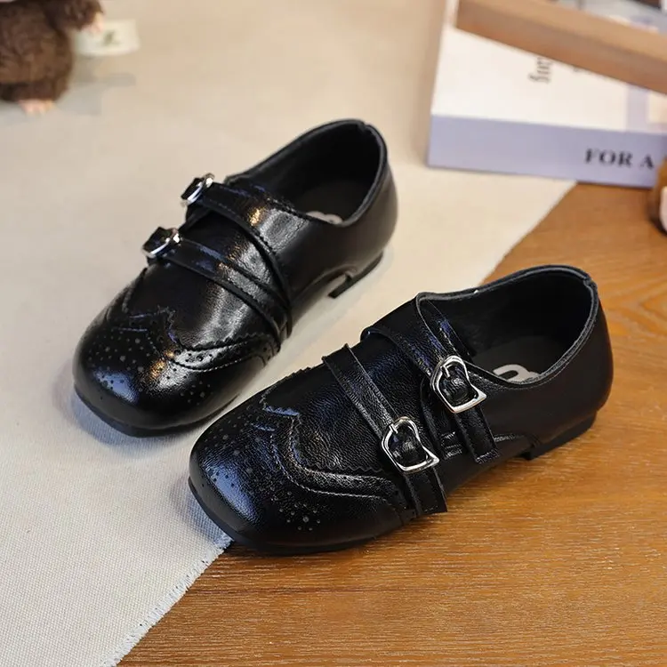 Unisex Kids Retro Fringe Brogue Dress Shoes, Double Metal Square Buckle Strap Soft‑Sole Casual Mary Jane Flat Shoes