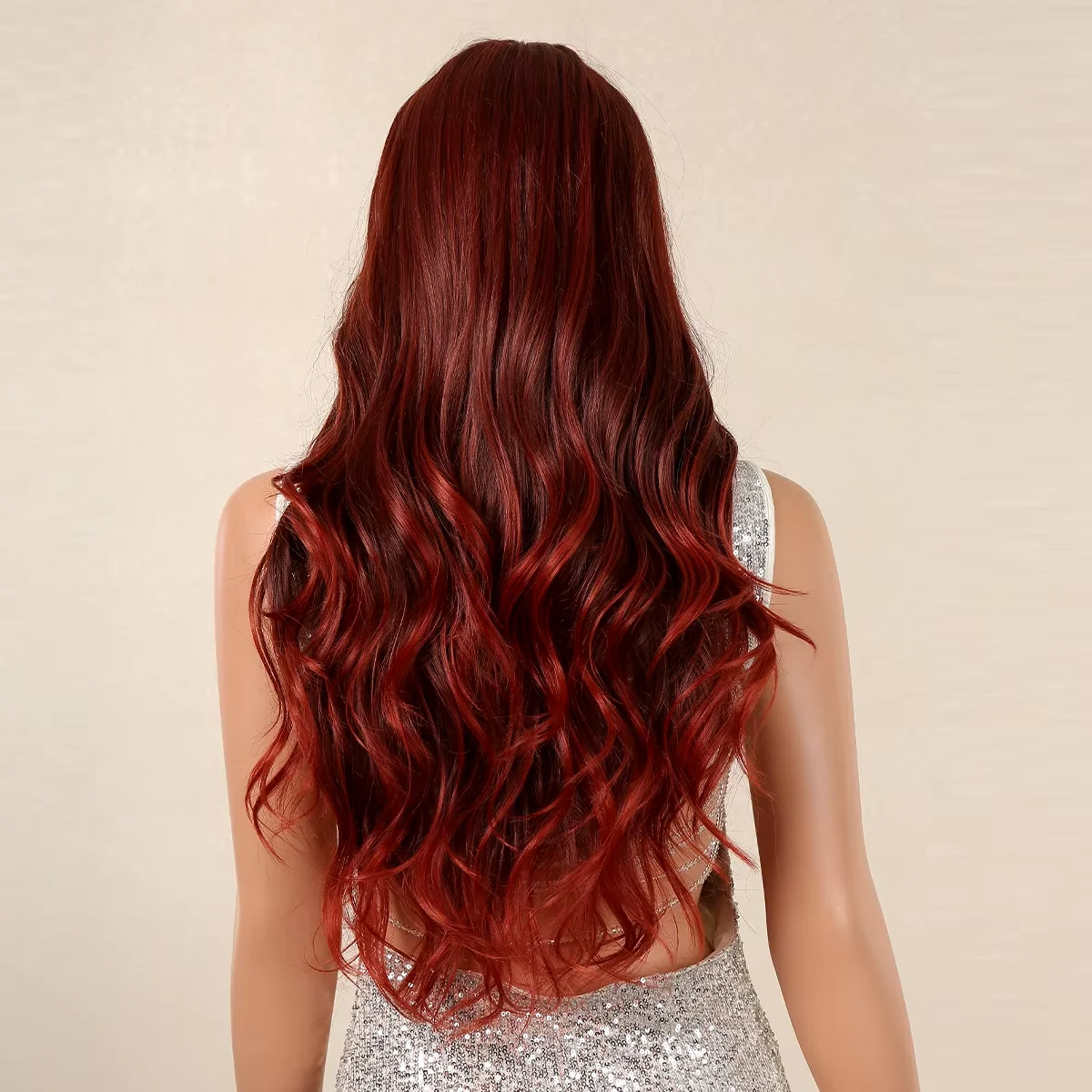 Long Burgundy Wavy Synthetic Wigs for Women Ombre Red Wig with Bangs Daily Party Fake Hair Natural Soft Fiber Wig Heat Resistant