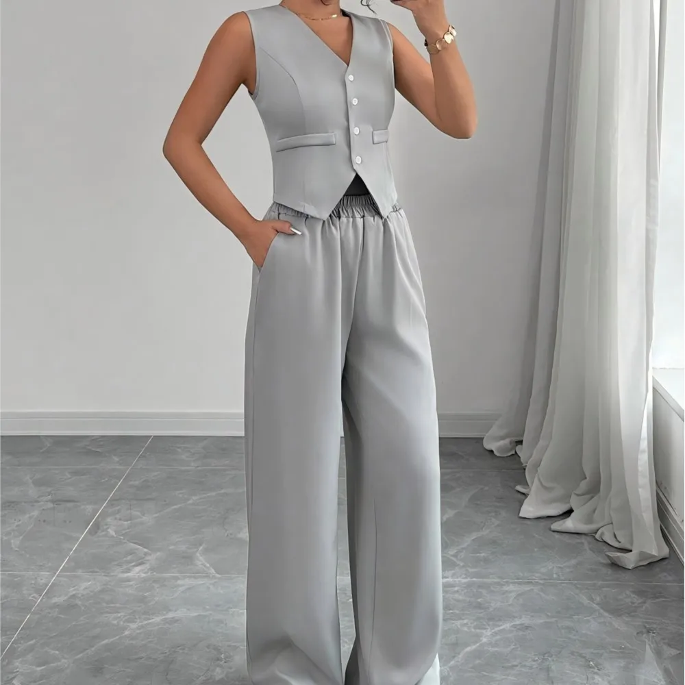 Elegant Women's 2-piece Single-breasted Vest Top + Wide-leg Pants Suit Business Workplace Urban Commuting Two-pieces Daily Set