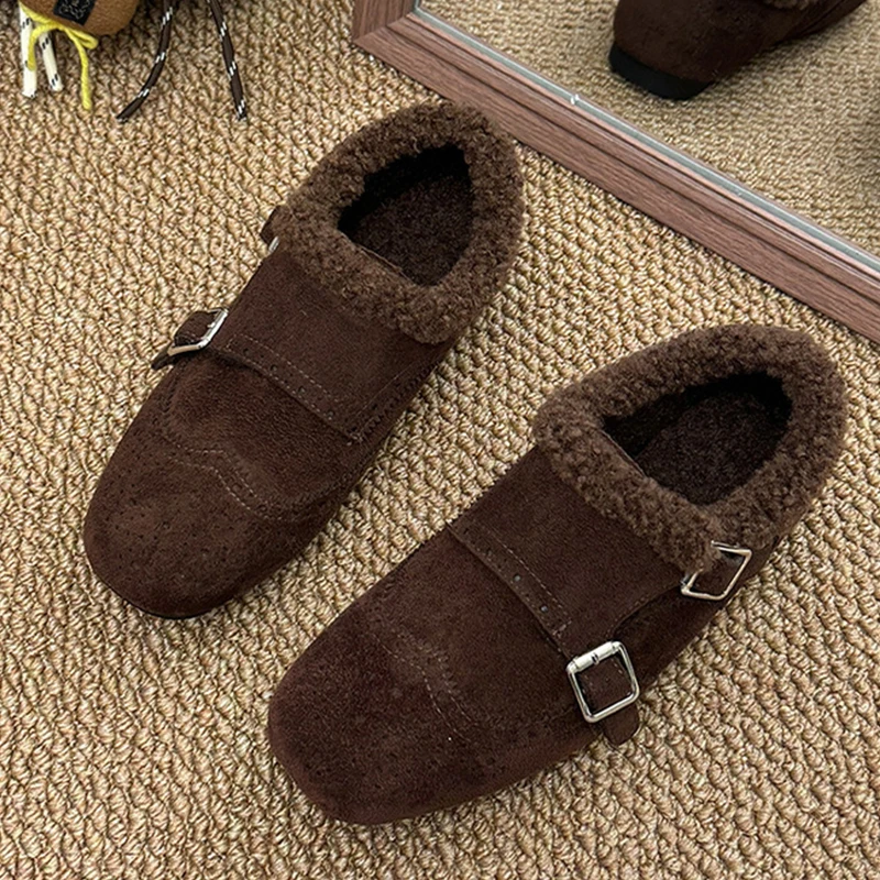 

Женские лоферы на плоской подошве, замшевая повседневная спортивная обувь на меху, теплые короткие плюшевые зимние ботинки, новинка 2025, модные прогулочные зимние ботинки Mujer