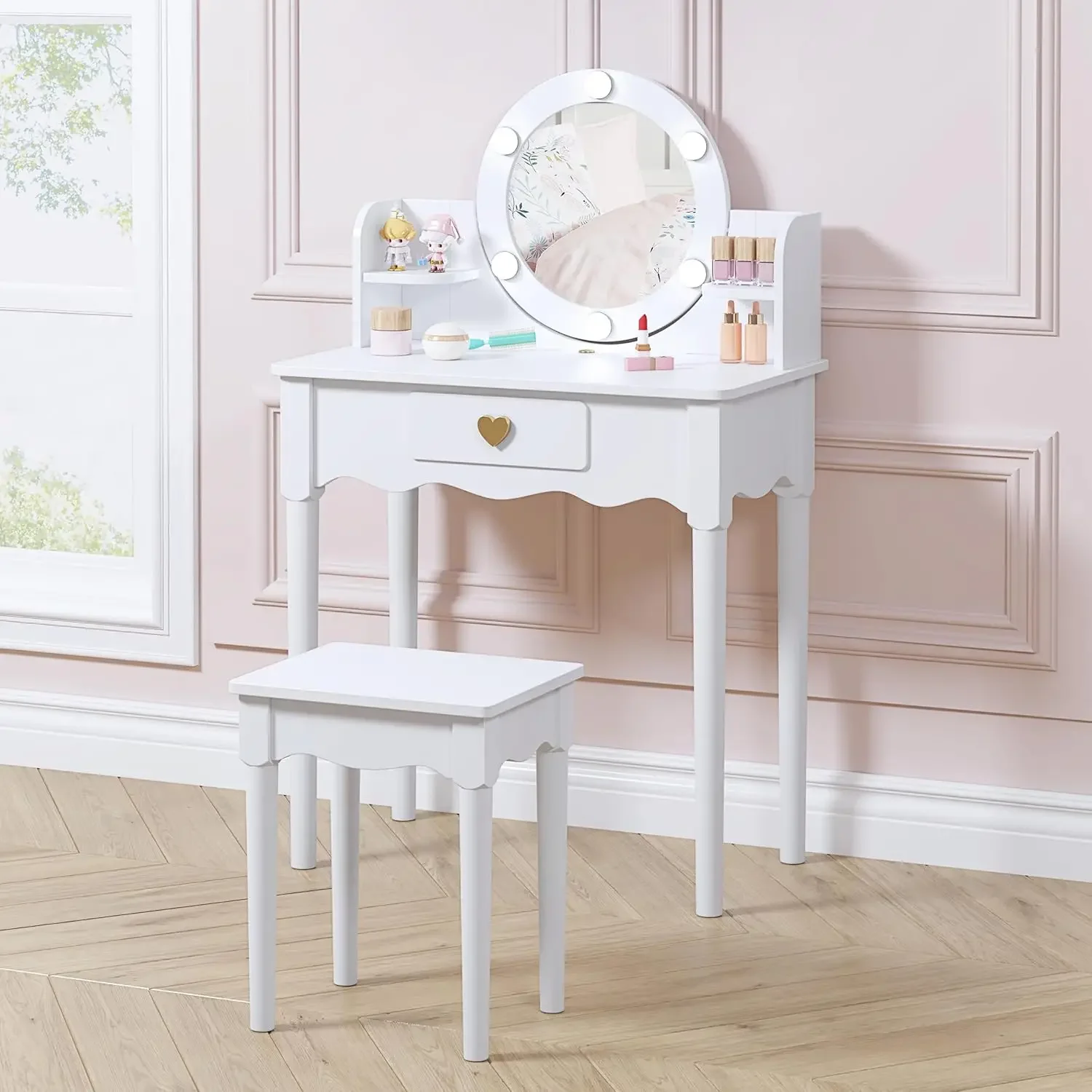 Kids Vanity, Girls Vanity Set with Mirror and Stool and Lights, Pretend Play Kids Vanity Table and Chair Set,Wooden Princes