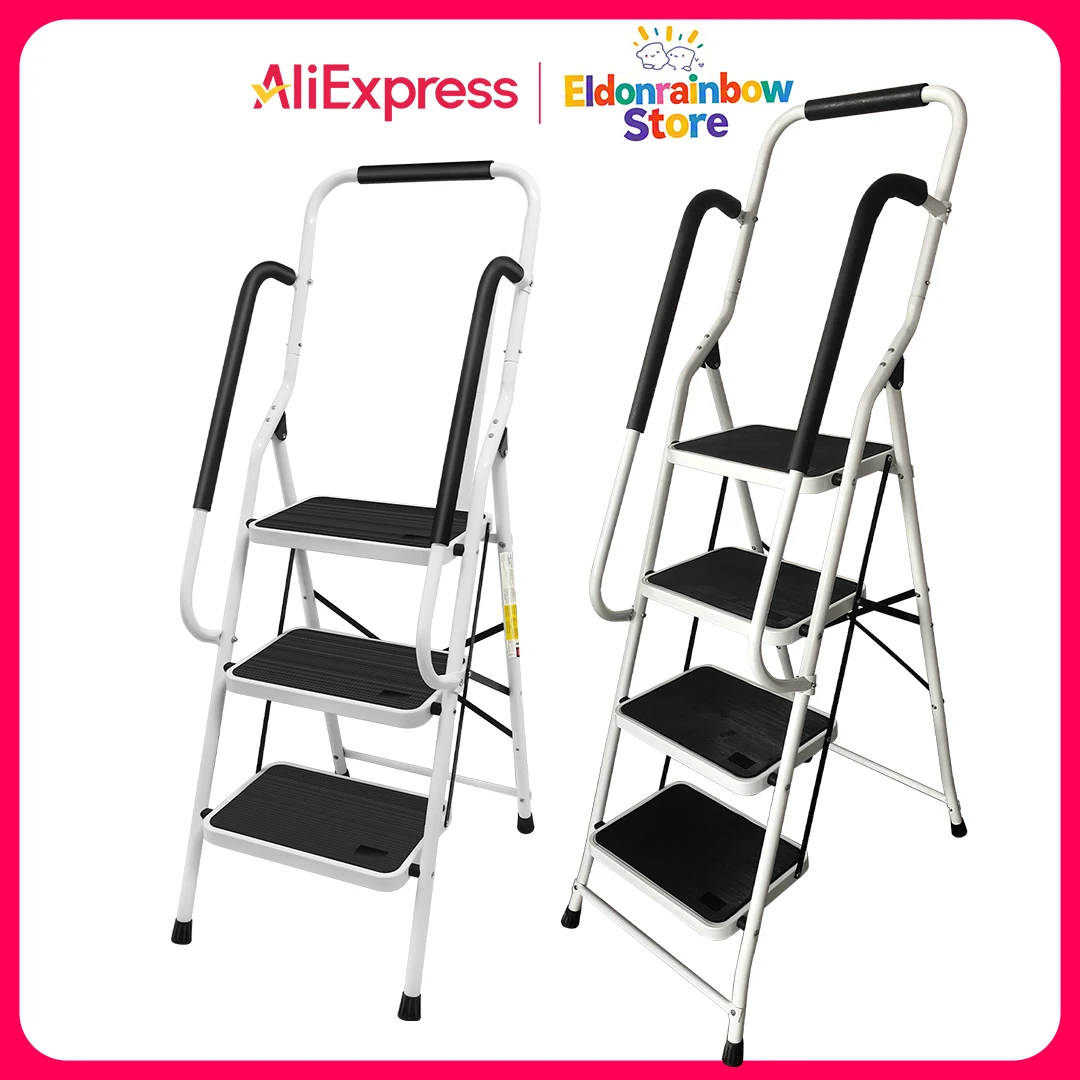 Échelle à 3/4 marches avec rampe de sécurité pliante pour main courante – Capacité de charge robuste antidérapante de 150 kg – Escabeau en acier pour adulte pour la maison