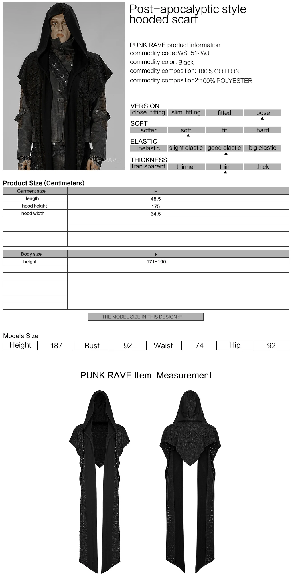 PUNK RAVE Men's Post-apocalyptic Style Oversize Hooded Scarf