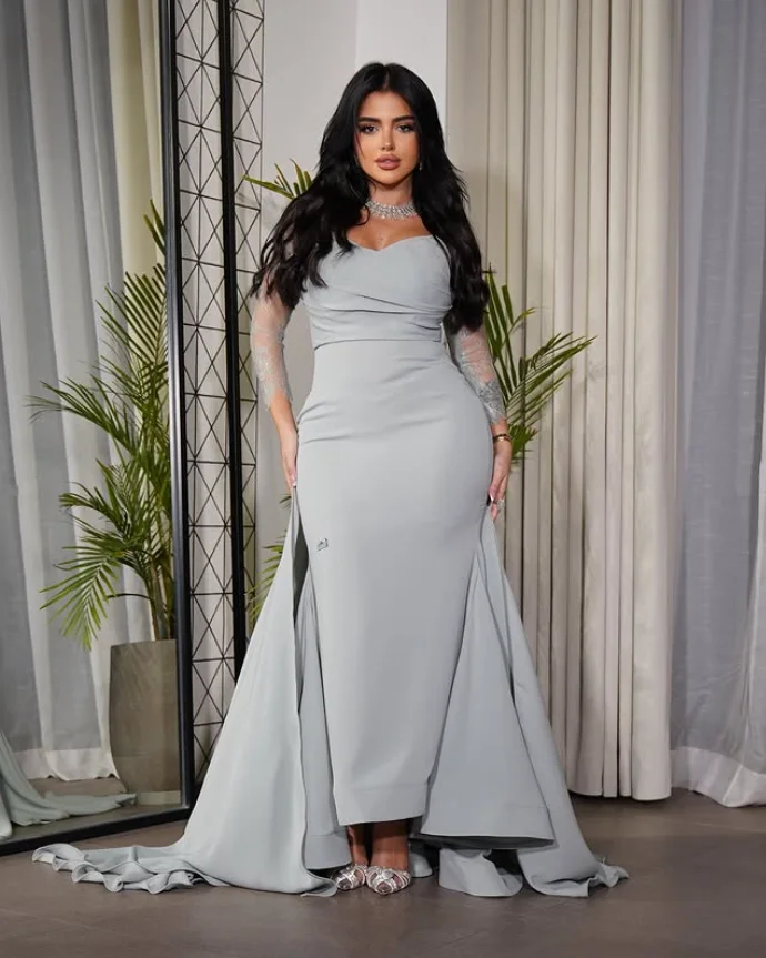 Серебристо-серый шифон Русалка Вечерние вечерние платья Кружевной шифон с длинным рукавом Индивидуальное трикотажное платье для выпускного вечера на заказ