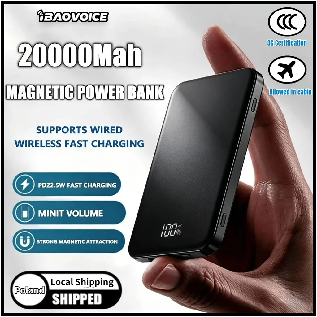 IBAOVOICE 20000mAh Magnetische Powerbank mit integriertem Kabel und klappbarem Ständer, schnelles kabelloses Laden 15W, externe Batterie, 3C Magnetische Powerbank