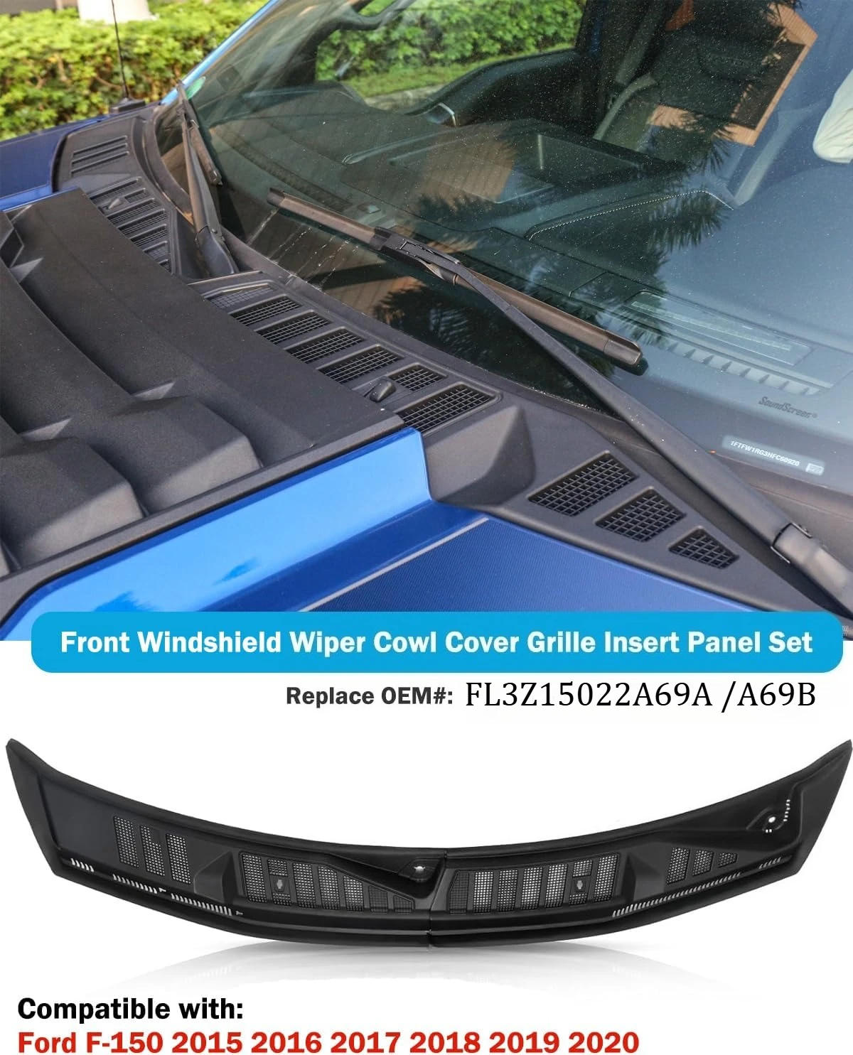 Windshield Wiper Cowl Panel Grille Compatible with Ford F-150 2015-2020 Left & Right Front Outer Window Cover Insert Panel F150