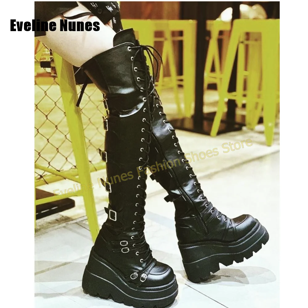 Y2K Alt Punk Over Knee Platform Boots Multi Metal Buckle Lace Up Thigh High Boots Gothic Darkwear Party Club Motorcycle Shoes