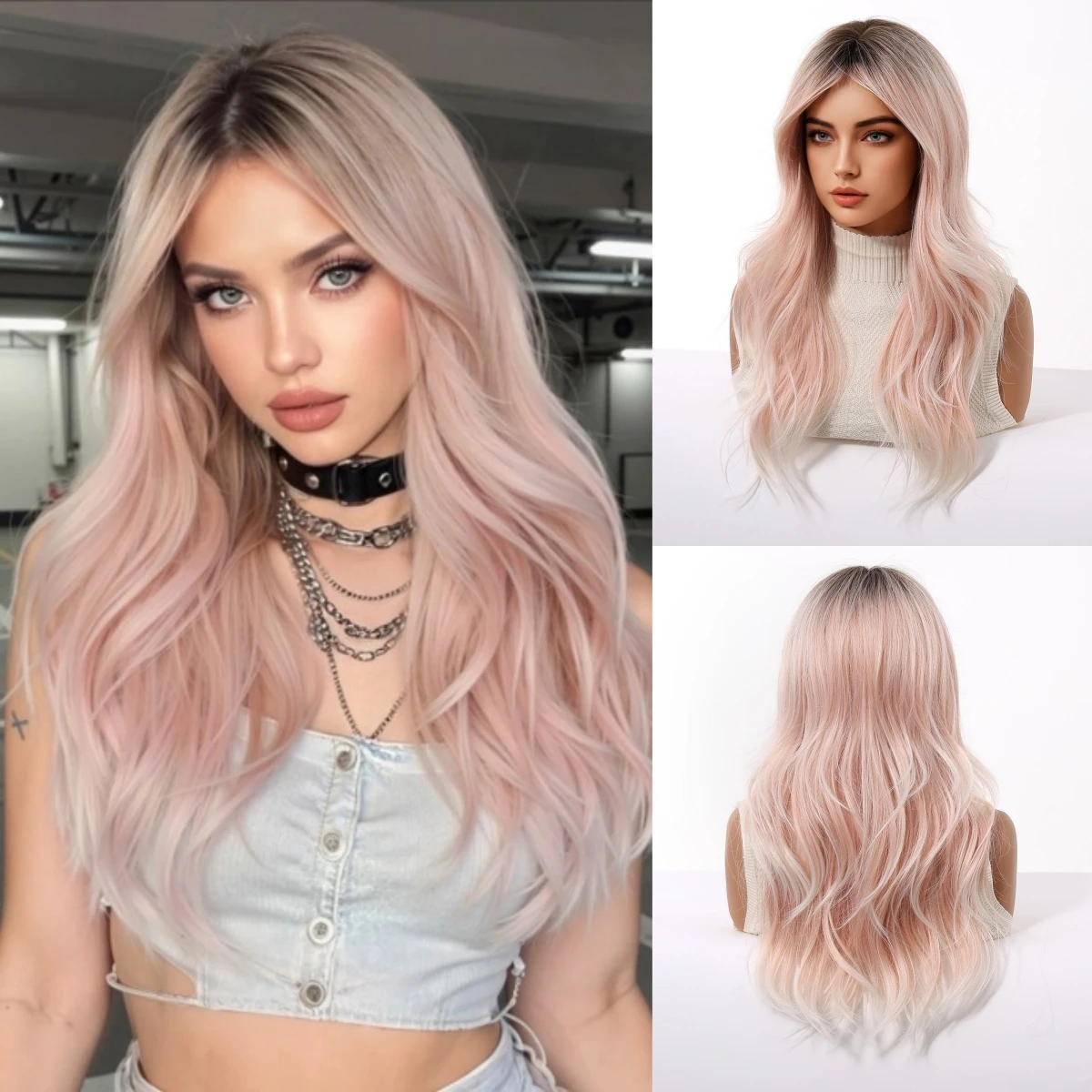 Light Pink Synthetic Wigs With Dark Roots For Women Daily Party Cosplay Long Wavy Curly Natural Fake Hair Heat Resistant Fiber