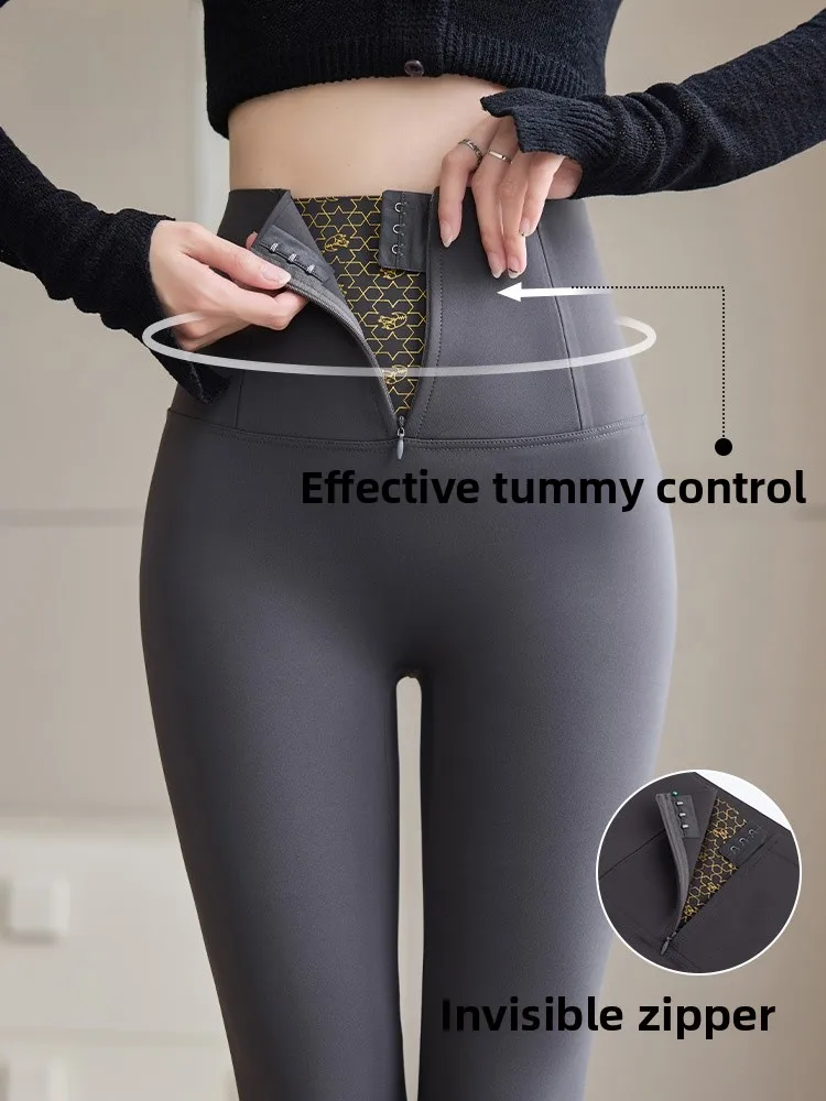 

High Waist Yoga Pants ark Bot Invisible Zipper Comfortable Elastic No Waist Tightening Abdomen Control Leggings