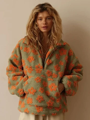 Wolfeel nuevo Otoño Invierno mujer Sherpa Floral pulóver sudaderas con capucha estilo medio cremallera suelta ajuste cálido elegante sudadera