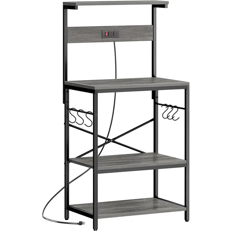 Coffee Bar Table 4 Tiers, Kitchen Microwave Stand with 6 S-Shaped Hooks, Kitchen Storage Shelf Rack for Spices, Pots and Pans