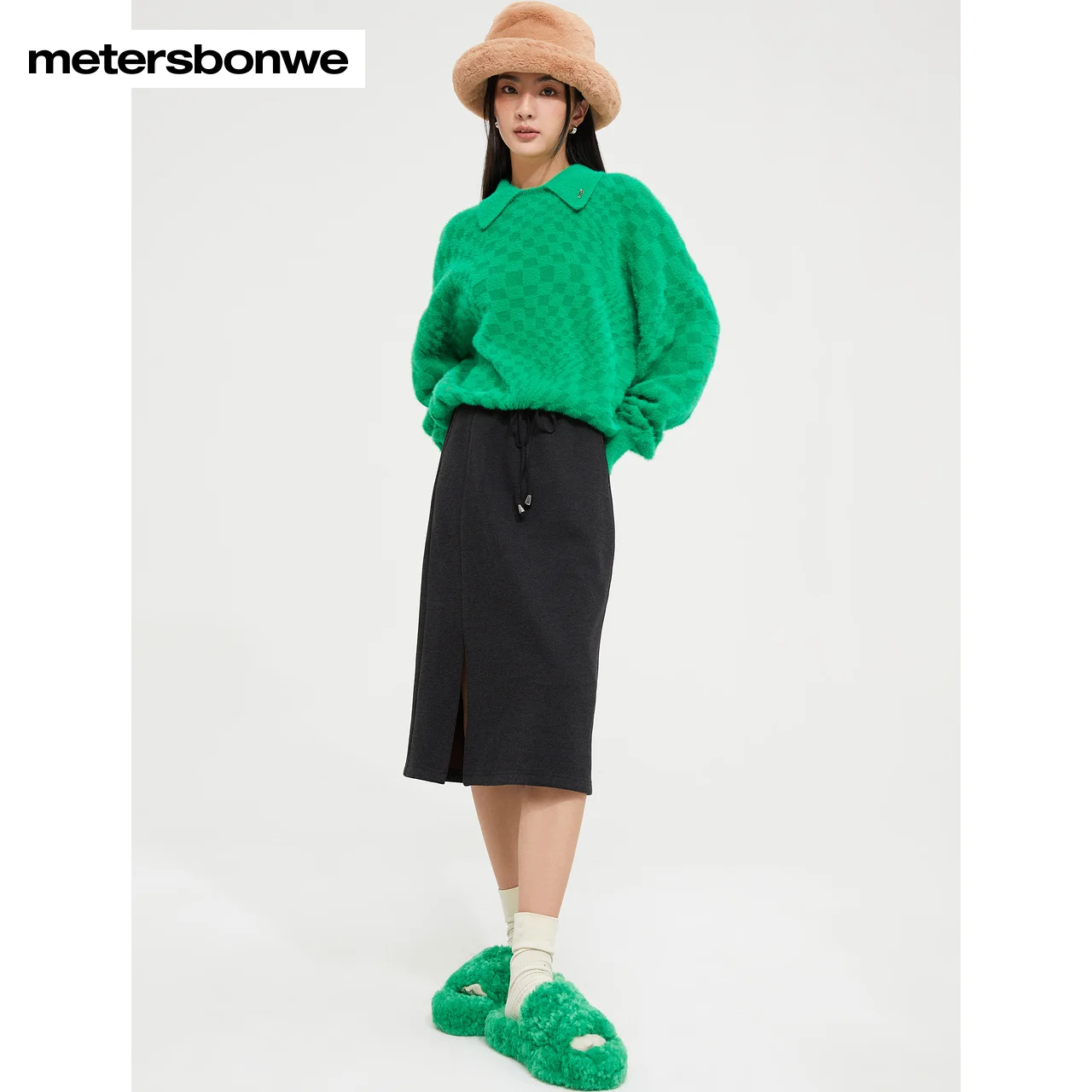 Metersbonwe-Women\'s POLO Collar Jumper Simple Checkerboard Loose Sweater  Christmas Green Sweet Stylish Female Warm Wear Winter