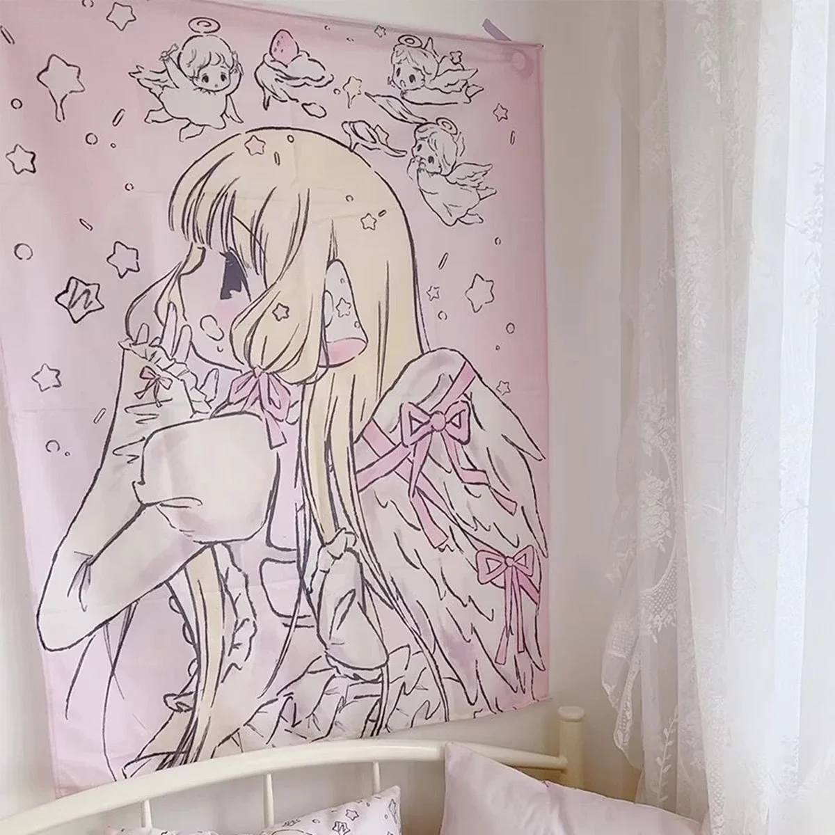 Kawaii Home Decor Wall Hanging Tapestry Anime Pink Girl Tapestry Wall Bedroom Background Decor Cute Fashion Lady Tapestries