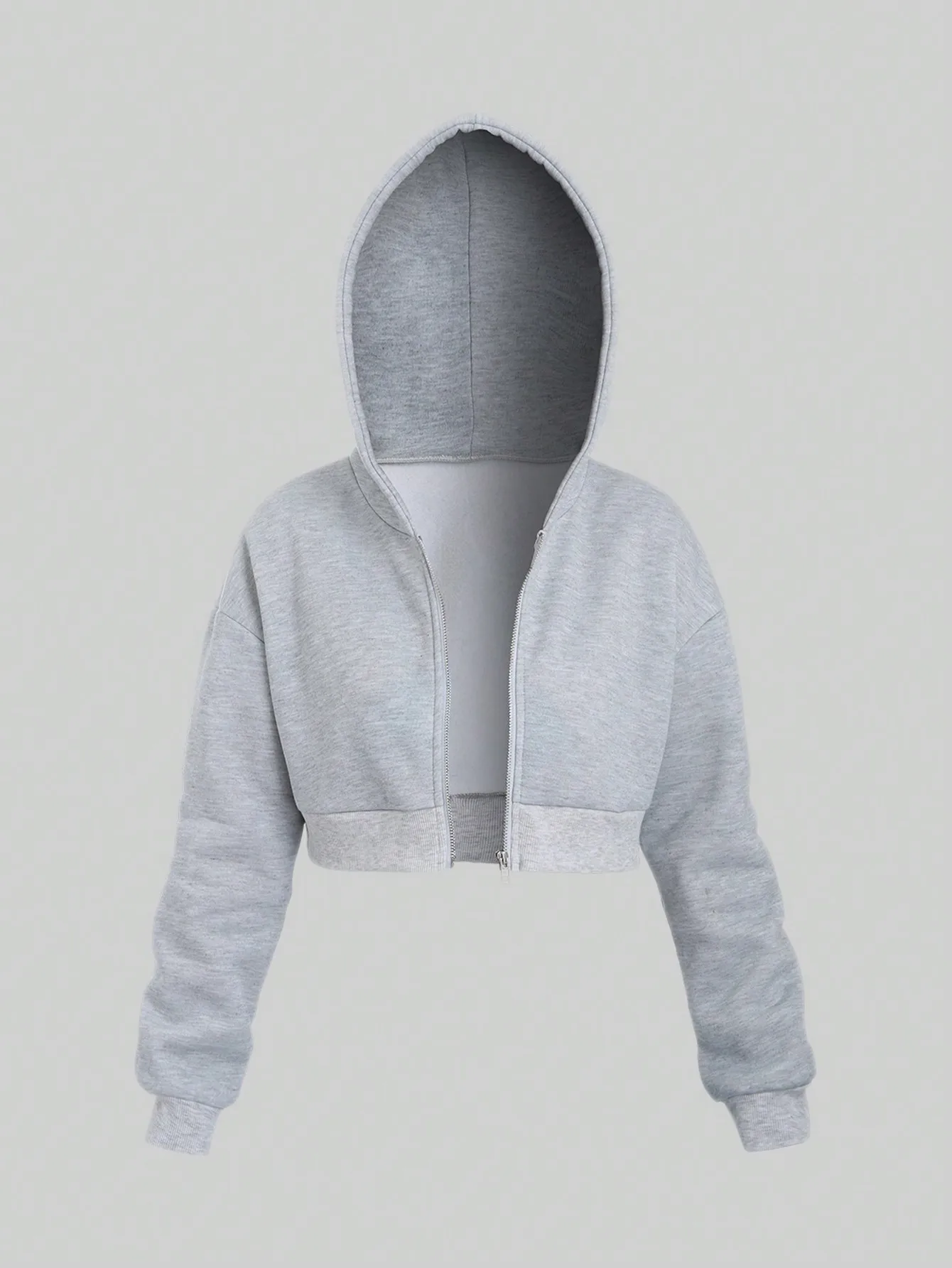 

Women's Cropped Zip-Up Hoodie with Dropped Shoulders, Solid Gray Casual Sweatshirt for Spring Fall