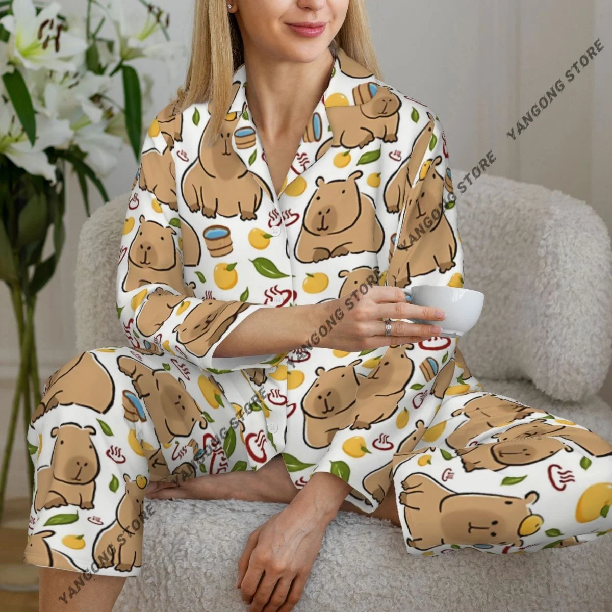 

Весенне-осенние брюки с длинными рукавами, пижамный комплект одежды для дома, милый женский свободный спальный костюм с капибарой и краями