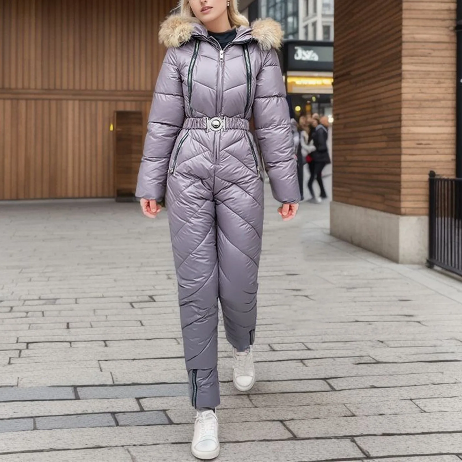 Women One-Piece Ski Suits Thicken Windproof Snowboard Outdoor Warm Hooded Slim Overalls Winter Skiing Jumpsuit With Fur Collar