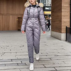 Women One-Piece Ski Suits Thicken Windproof Snowboard Outdoor Warm Hooded Slim Overalls Winter Skiing Jumpsuit With Fur Collar