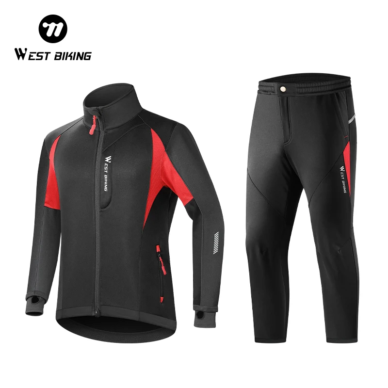 

WEST BIKING Men's Winter Cycling Sets Long Sleeve Warm Fleece Reflective Bike Uniform With Pockets Reflective Thermal Sport Gear