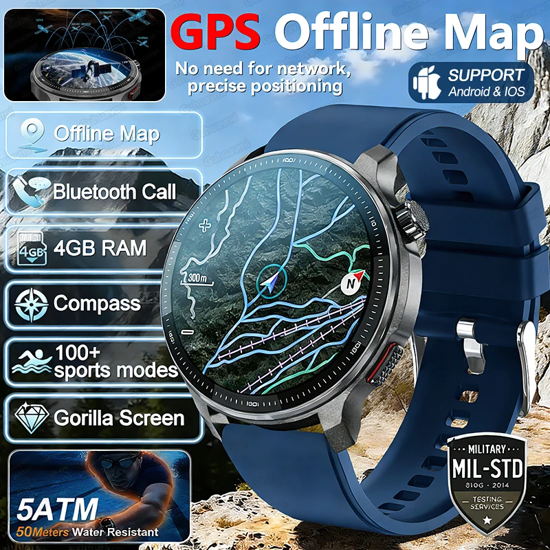 

Спортивные смарт-часы с GPS и офлайн-картами, 4 ГБ памяти, ударопрочное стекло Gorilla, водонепроницаемость 5ATM, быстрая зарядка, фитнес-трекер для мужчин, 2026 год