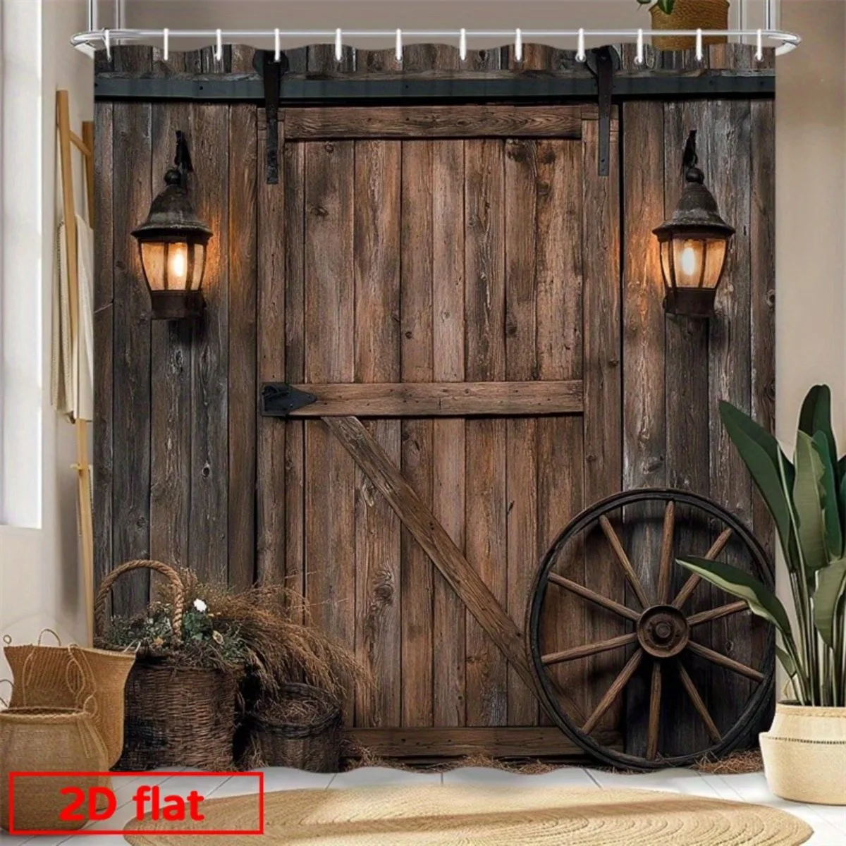 2D Flat, 2D Flat Printing Shower Curtain, 1pcRustic Barn Door Shower Curtain Wooden Planks Vintage Lanterns Wagon Wheel Wheat Ba