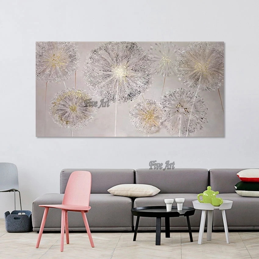 Large Canvas Art Dandelion Abstract Acrylic Flower Painting Gold Foil Modern Wall Hanging Decorative Pictures For Living Room