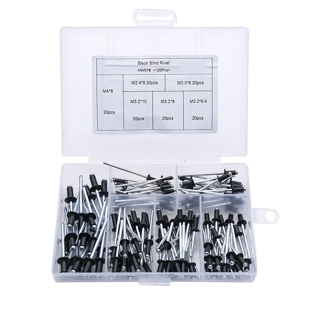 120PCS Black Aluminum Core Pull Rivets M2.4 M3.2 M4 Sizes for Decoration and Fastening