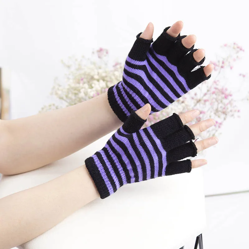 1Pair Unisex Black Stripes Half Finger Fingerless Gloves for Women Wool Knit Wrist Cotton Gloves Winter Warm Men Workout Gloves