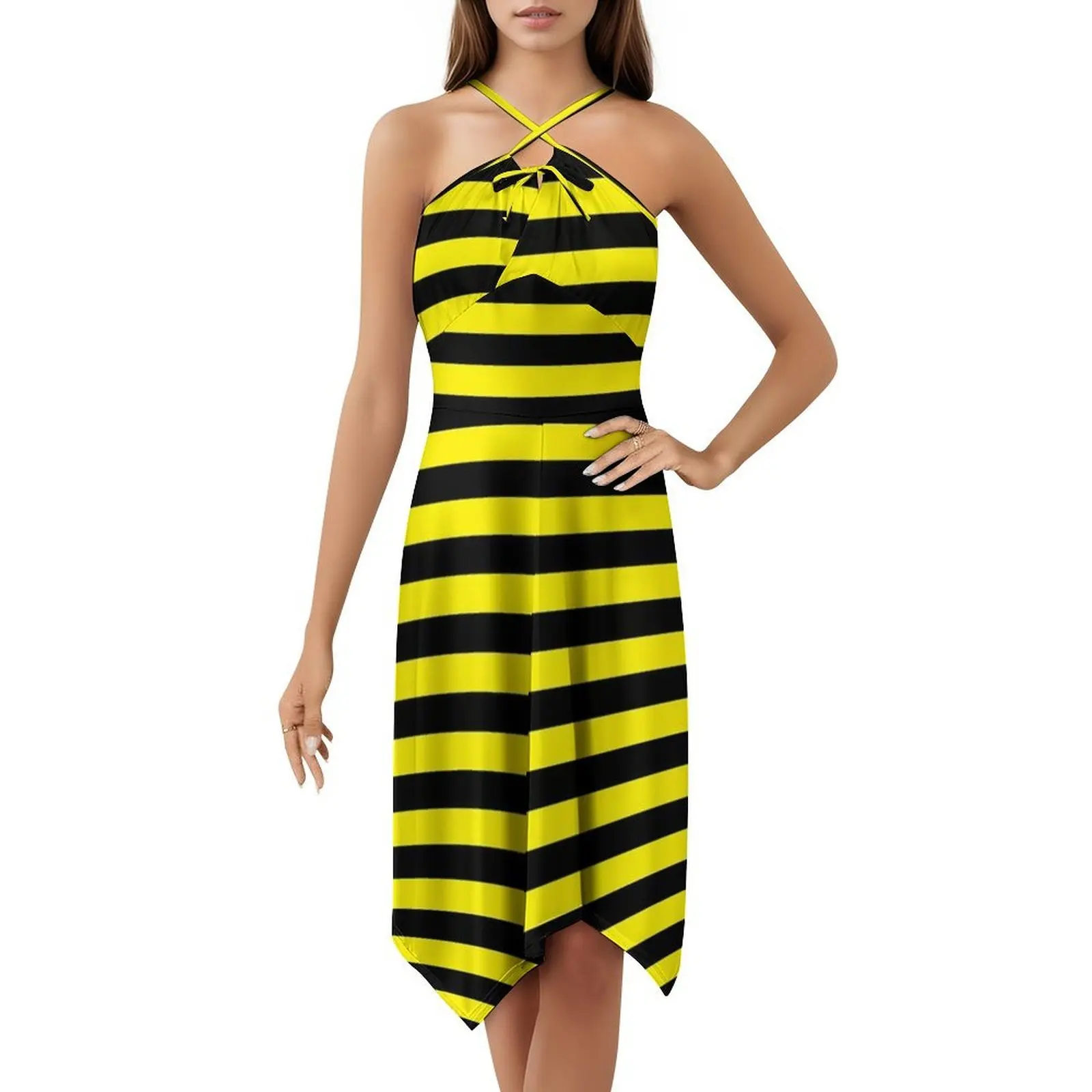 فستان ليموني أصفر وأسود بخطوط أفقية مزين بالزهور للنساء للربيع والصيف فستان كاجوال للحفلات باللون الأصفر الليموني #5