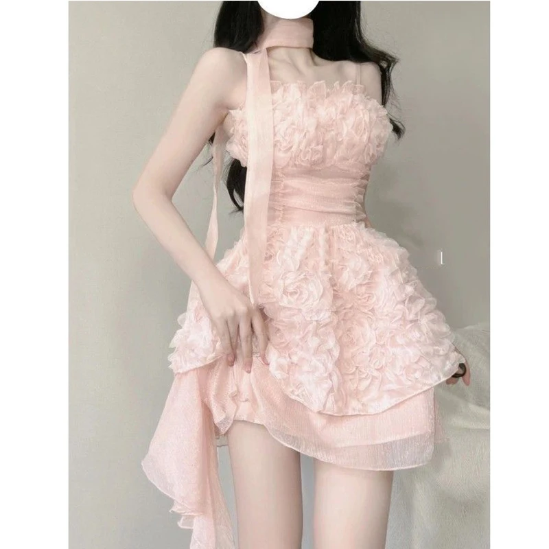 

French Style Irregular Hot Girl Dress Tighten The Waist 2024 Spring Summer New Fashion Dress Suspenders Princess Kawaii Dress