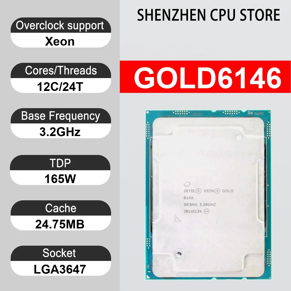 Intel Xeon GOLD6146 12 Core 24 Thread 3.2GHz 165W 24.75MB Cache 14nm LGA3647 SR3MA DDR4 2666 MHz Skylake SP