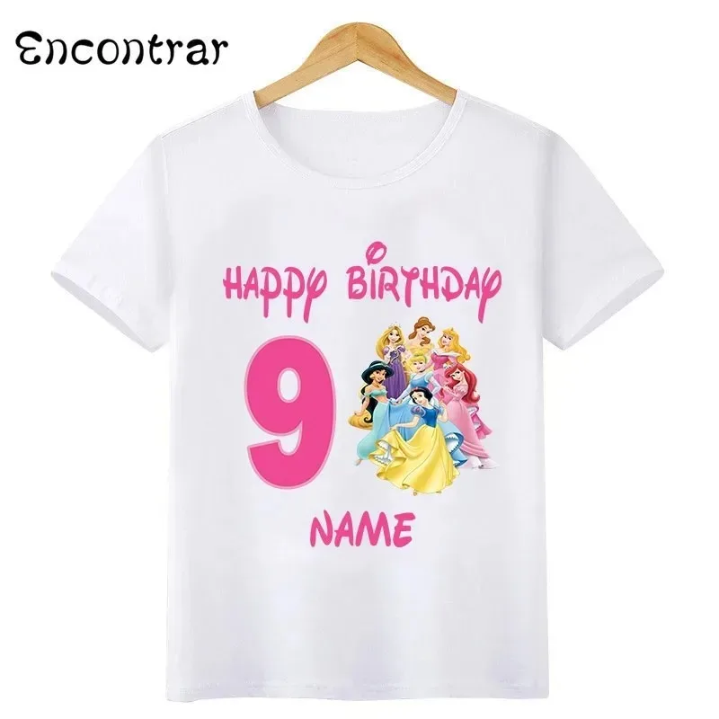 Disney Princess Belle Aurora Mermaid Print Happy Birthday Kids T Shirt Girls Clothes 1 2 3 4 5 6 7 8 9 Years Baby Boys T-Shirts