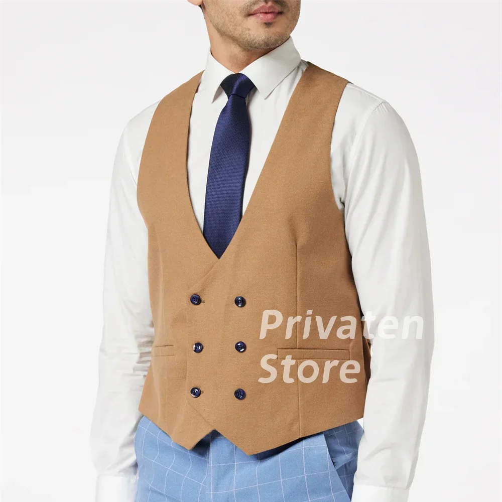 

Men Vests Sleeveless V-Neck Double -Breasted Champagne Color New Arrival Male Dress Vest Casual Formal Business Jacket chaleco