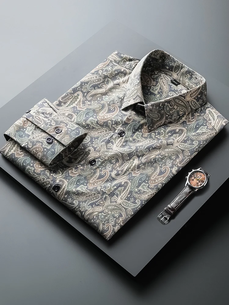 

Spring Autumn Men's Long Sve Floral Print Casual irt Slim Fit Faionable Korean Sle Stand Edition Polyester Blend