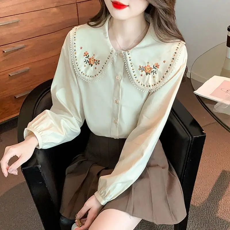 French Style Embroidered Doll Neck Long Sleeves Shirt for Women\'s Spring Autumn New Western Style Loose Slimming Sweet Chic Top