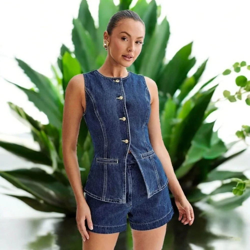 Faionable Women's Denim Svel Top And orts Set Summer New Arrival Cotton Casual Sle Five-Quarter Pants  Color