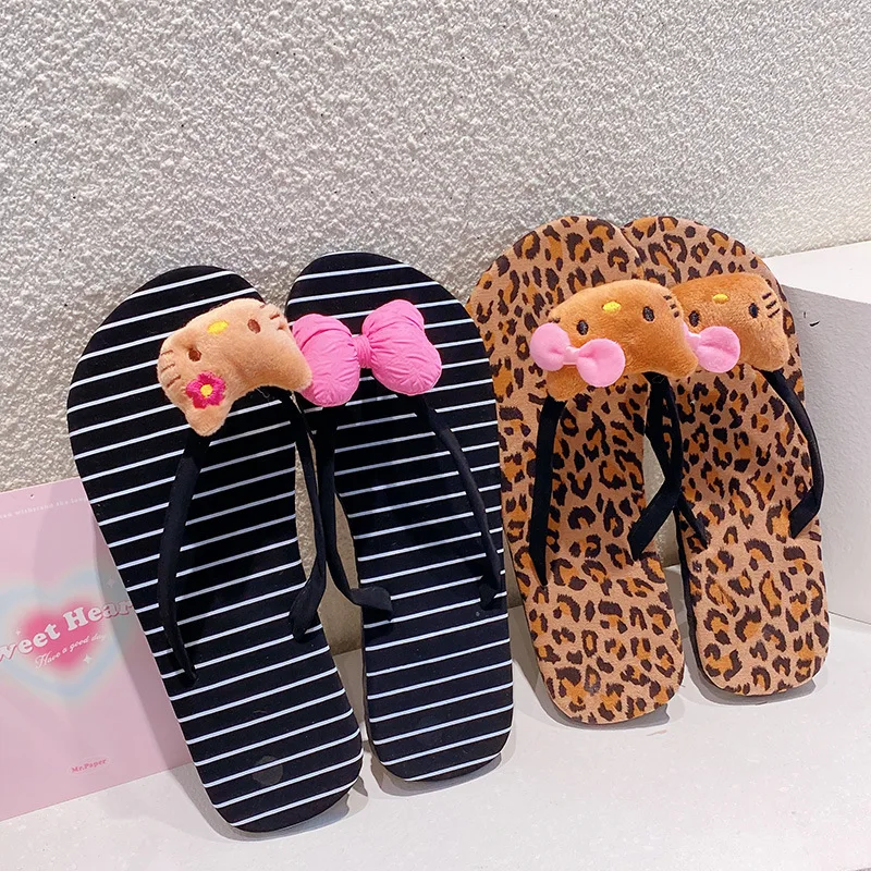 Hello Kitty Bikini Leopard Flip Flops Anime Cartoon Funny Stripes Beach Beach Flat Slippers Fashion Hipster Girl Y2k Flip Flops