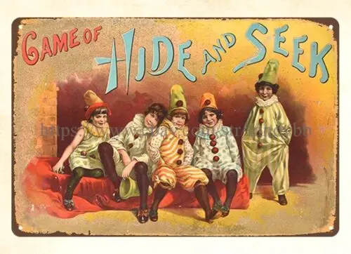 EARLY MCLOUGHLIN BROS. GAME OF HIDE OF SEEK toy tin sign man cave metal wall sign