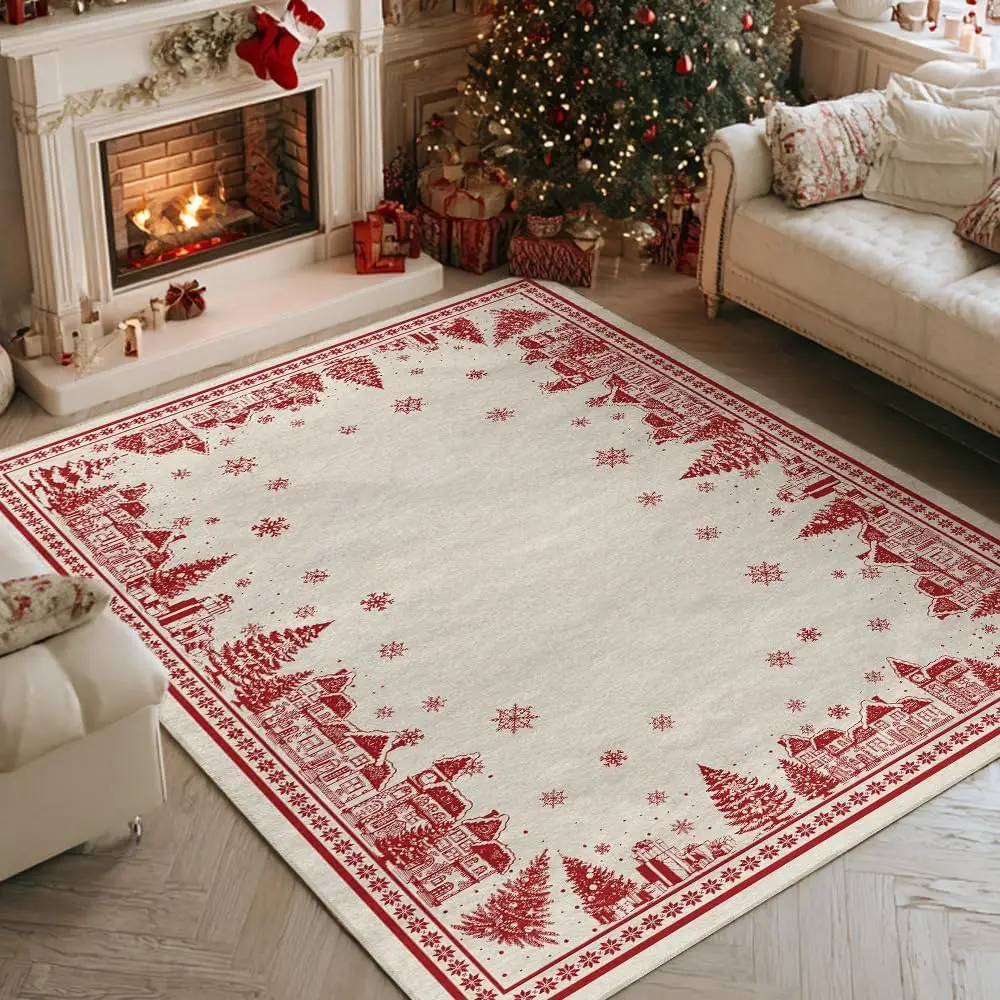 Beige House Xmas Tree Christmas Area Rug, Winter Home Decor Low-Profile Non-Slip Washable Large Rug for Living Room Bedroom