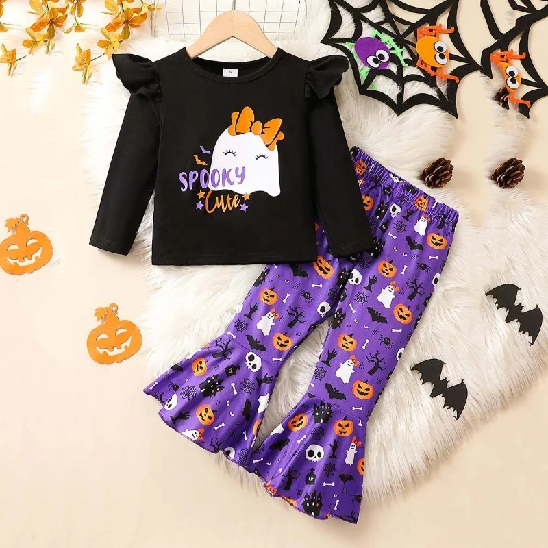 

Children Baby Girl Clothes Suit Halloween Costume Ghost Pumpkin Outfit Flare Pants Set Flying Sleeves Boys Girls Clothes Party