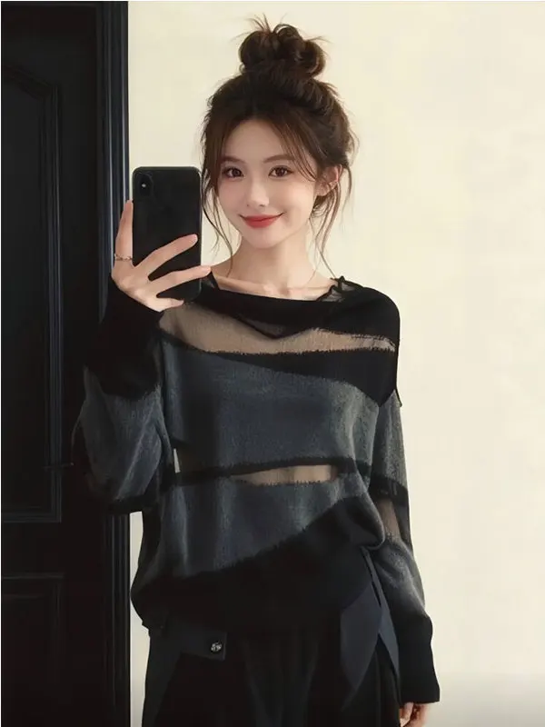 Color Block Knitwear Women's Fashion Spring Transparent Top Light Maturity Atmosphere Korean Style Long Sleeve round Neck Swe...